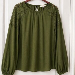 LOFT Olive Lace-Yoke Balloon Sleeve Blouse
